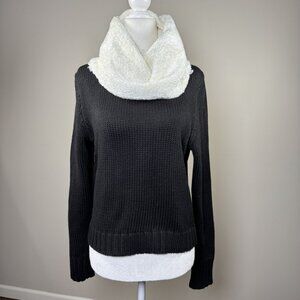 Michael Simon Women M Black Knit Sweater White Cowl Neck Cozy Winter Top Cozy.